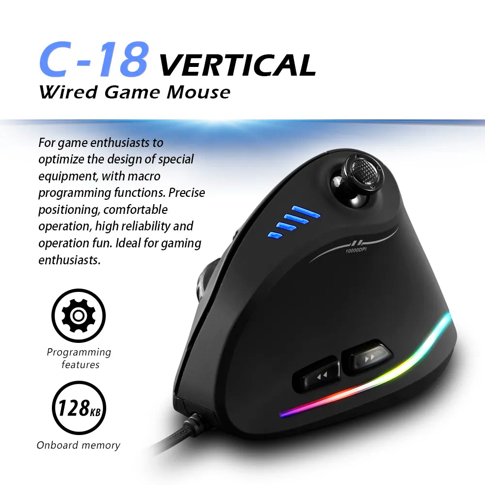 Zelotes C-18 Wired Gaming Mouse 11 Programmable Buttons 10000DPI Laser Engine RGB Light Belt 128KB Vertical Mouse for Laptop PC