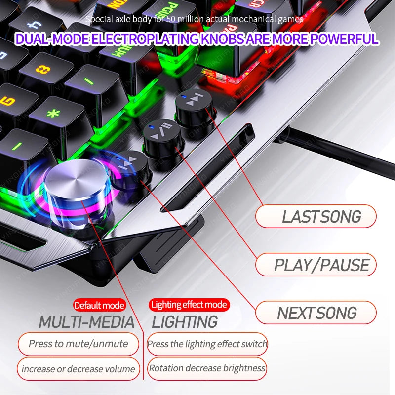 Upgrade Knob Dual-mode True Mechanical Gaming Keyboard 108 Keys Metal Panel Wired Keyboard USB Receiver Support Backlight