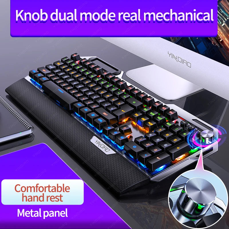 Upgrade Knob Dual-mode True Mechanical Gaming Keyboard 108 Keys Metal Panel Wired Keyboard USB Receiver Support Backlight