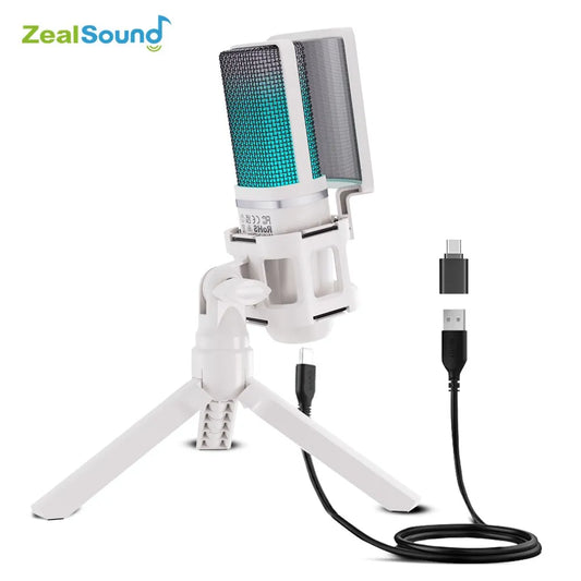 Zealsound USB Condenser Recording Microphone White RGB Streaming Mic For PC And Mac with Android Phone Adapter Headphone Output