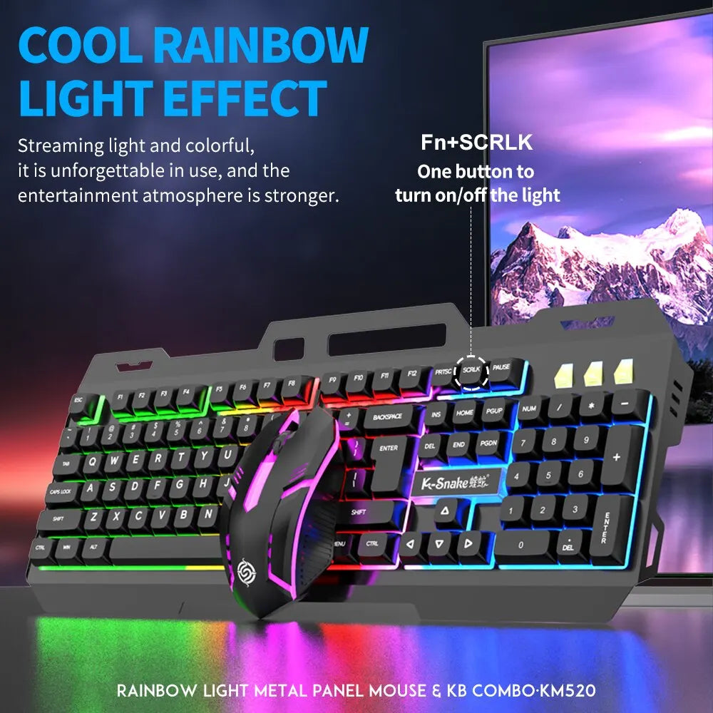 Wired Game Keyboard and Mouse Combo RGB LED Backlit Keyboard with Hand Rest Phone Holder and Wired Mice for Gamer Office