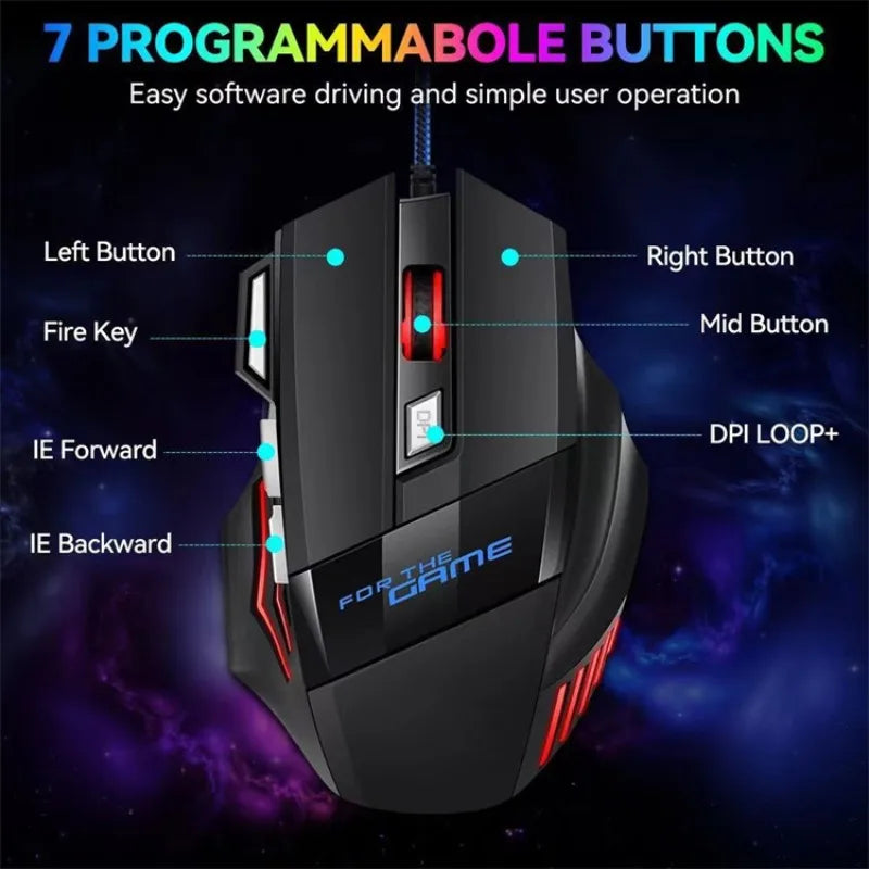 X8 Mechanical Wired Gaming Mouse  7 Keys Wired Ergonomic Mouse RGB Backlit Glowing USB 800/1200/ 1600/ 3200 Dpi Gaming Mouse