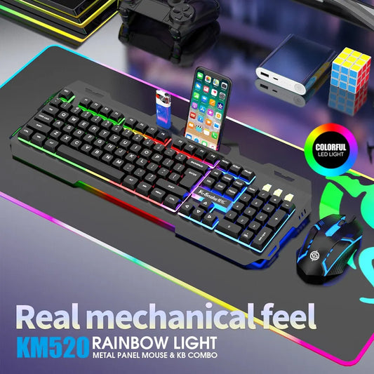Wired Game Keyboard and Mouse Combo RGB LED Backlit Keyboard with Hand Rest Phone Holder and Wired Mice for Gamer Office