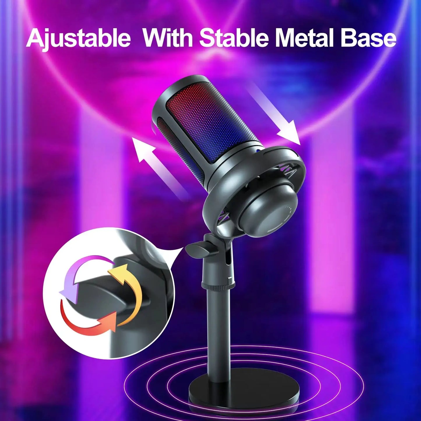 Condenser Metal Microphone with RGB Lights Professional Streaming Recording, Desktop Podcast USB Mic for PC Computer Laptop