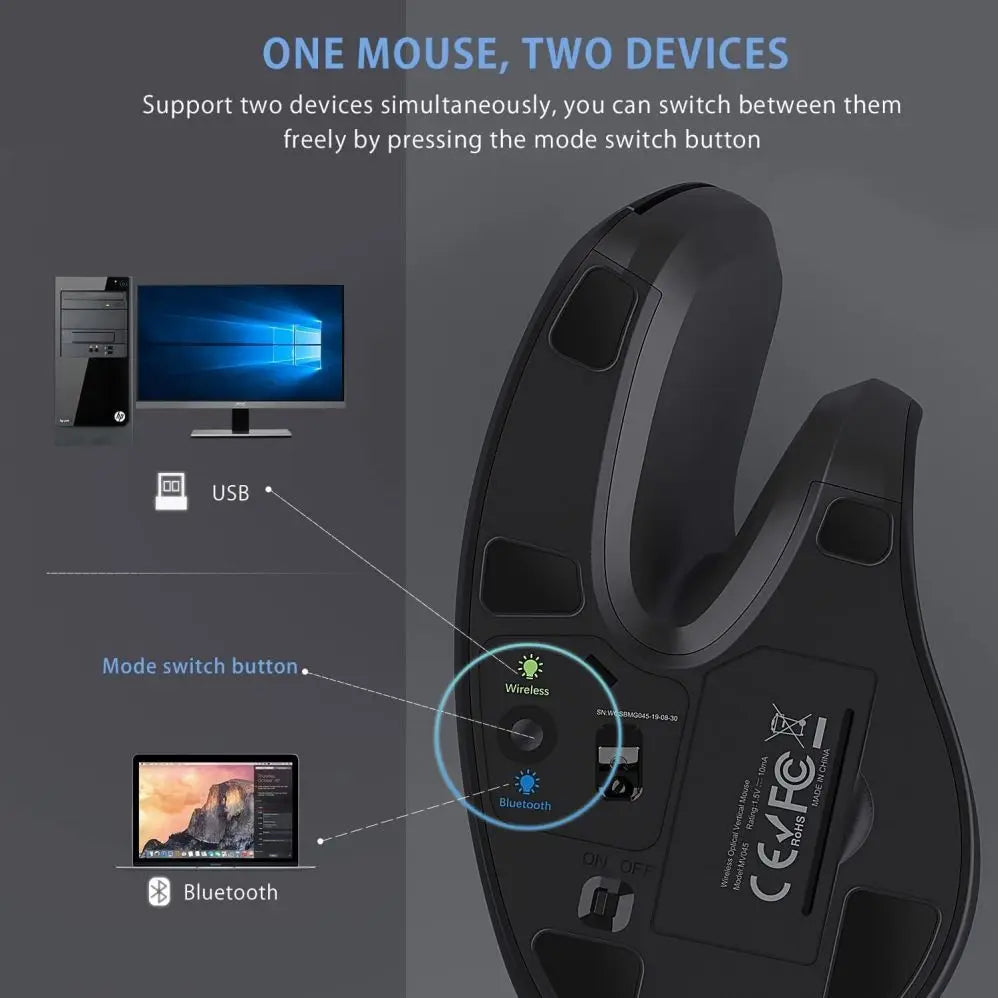 Bluetooth Ergonomic Mouse for Laptop PC Macbook Desktop Cellphone 2.4G Vertical Optical Silent Wireless Adjustable DPI Mice